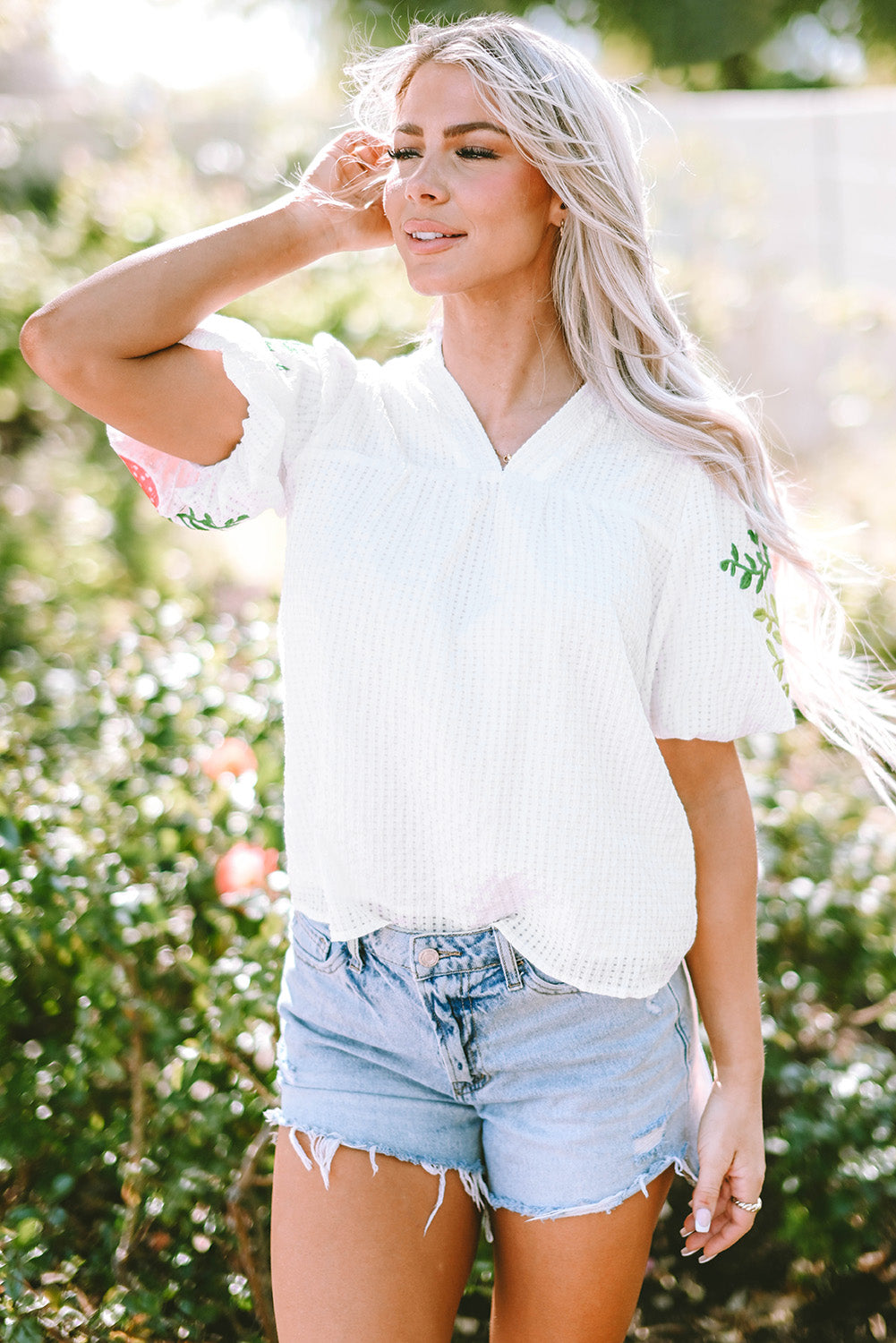 Black Floral Embroidered Puff Sleeve Notched Neck Blouse