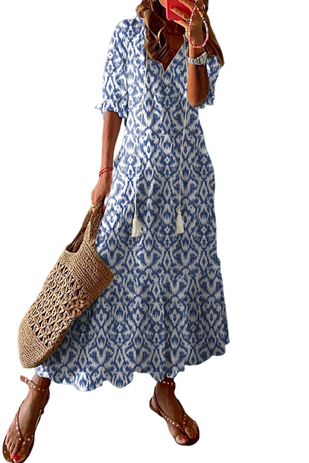 Pink V Neck Casual Geometric Print Maxi Dress