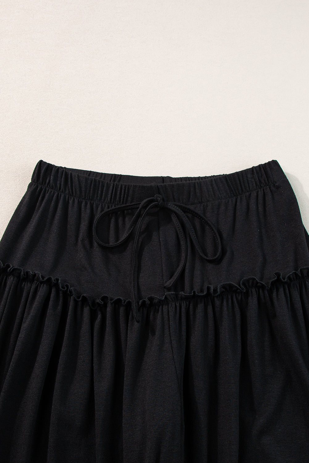 Black Frilled Drawstring High Waist Wide Leg Pants