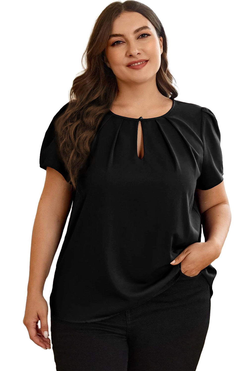 Black Keyhole Pleated Crew Neck Plus Size T Shirt