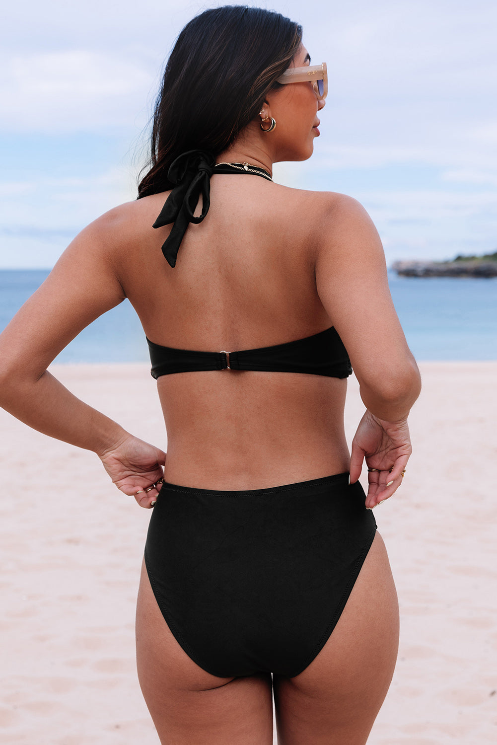 Black Halter O-ring Ruched Bust One Piece Swimsuit