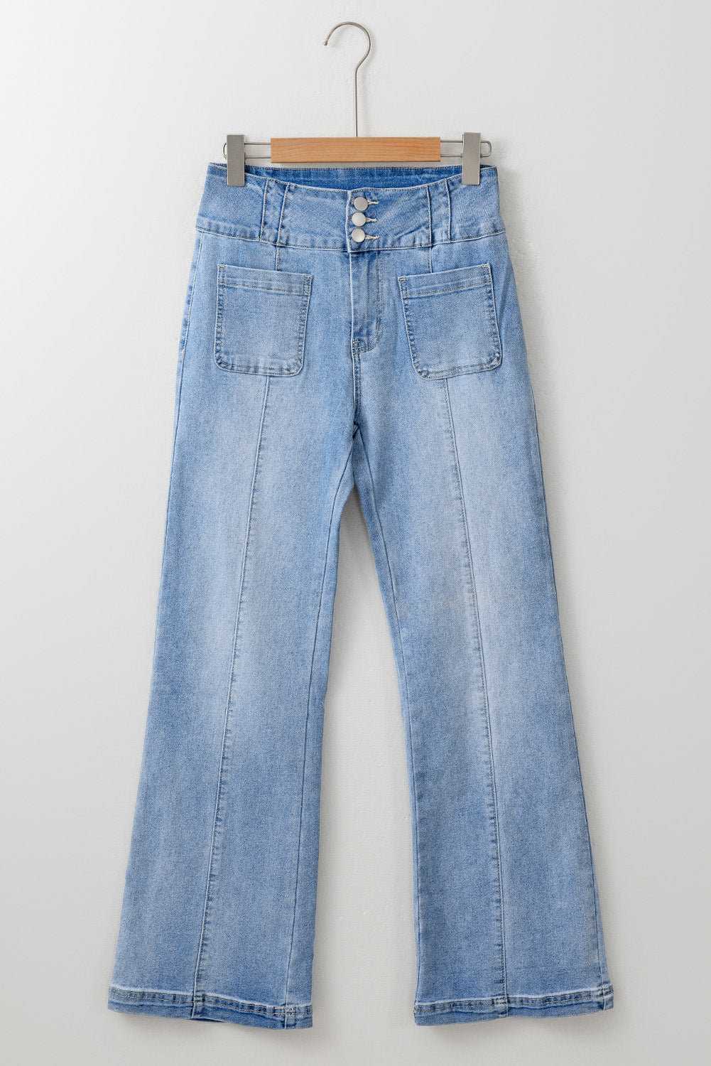 Light Blue Fly Button Exposed Seam Patched Pocket Flare Jeans